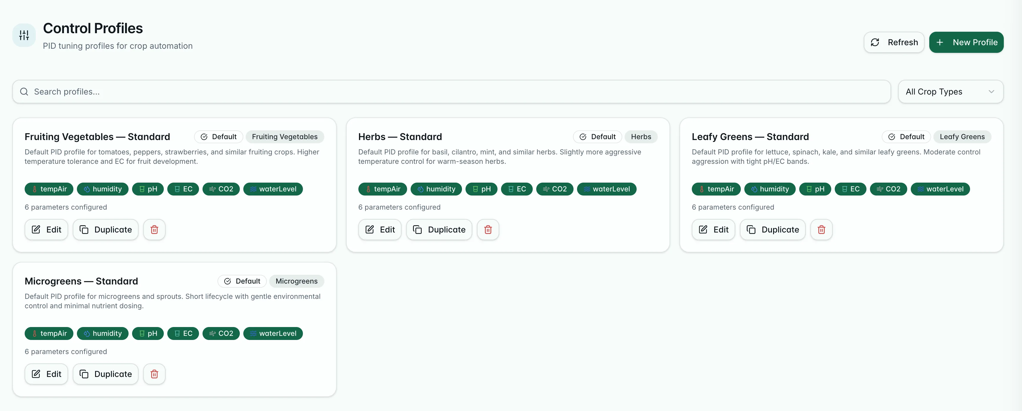 Control profiles in BeeGrow AI: PID tuning profiles per crop type for fruiting vegetables, herbs, leafy greens and microgreens, each configured across air temperature, humidity, pH, EC, CO2 and water level.